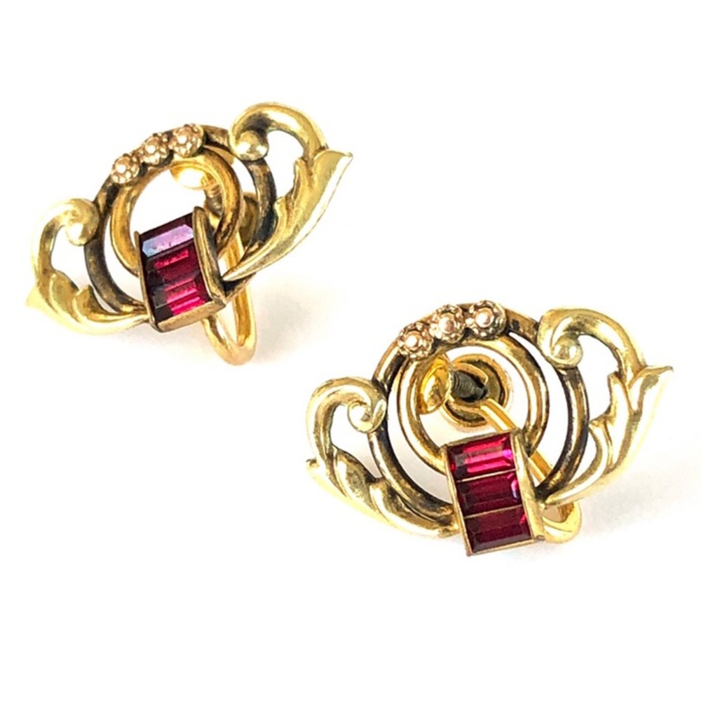 Vintage Amco 12K GF Red Stone Screw Back Earrings